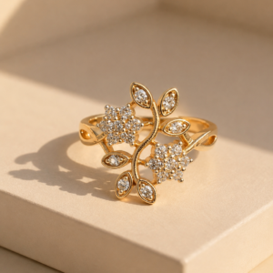 Blossom Vine Gold-Plated Adjustable Ring with Zircon Floral Accents