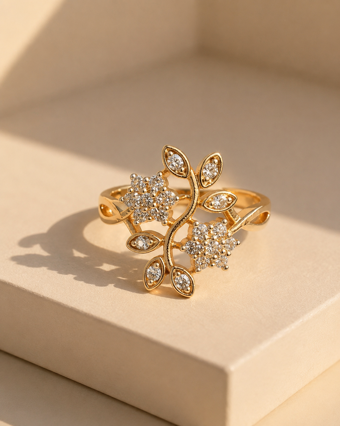 Blossom Vine Gold-Plated Adjustable Ring with Zircon Floral Accents