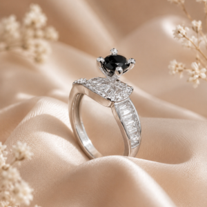 Midnight Elegance Silver-Tone Ring with Black Solitaire & Crystal Halo