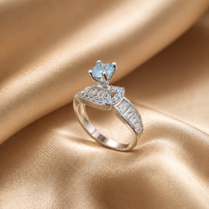 Sky Blue Halo Solitaire Silver-Plated Ring with Baguette Crystal Accents