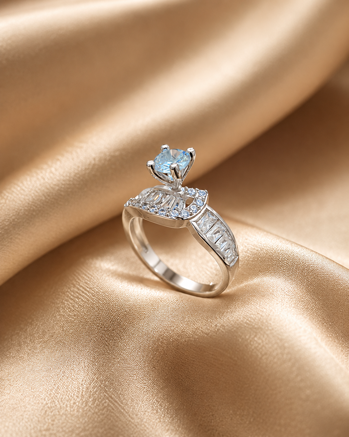 Sky Blue Halo Solitaire Silver-Plated Ring with Baguette Crystal Accents