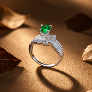 Emerald Glow Silver-Plated Solitaire Ring with Crystal Halo & Baguette Accents