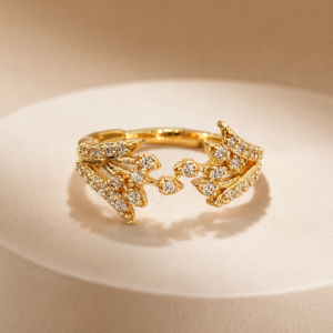 Gold-Plated Leaf Vine Adjustable Ring with Zircon Accents