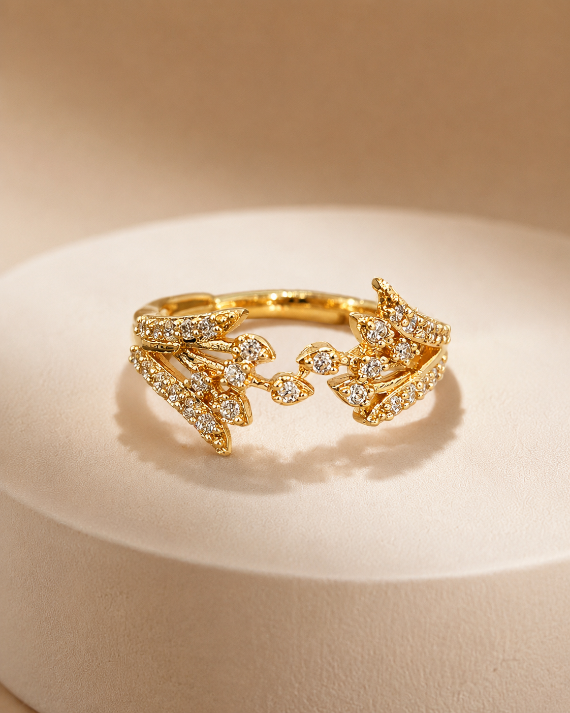 Gold-Plated Leaf Vine Adjustable Ring with Zircon Accents
