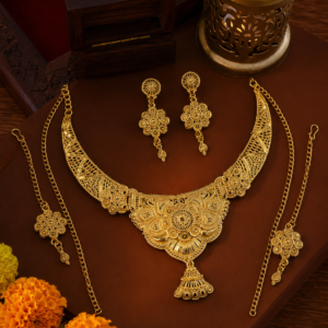 Royal Heritage Floral Bridal Indian Jewelry Set – Statement Necklace, Earrings, Bracelets & Bridal Headpiece