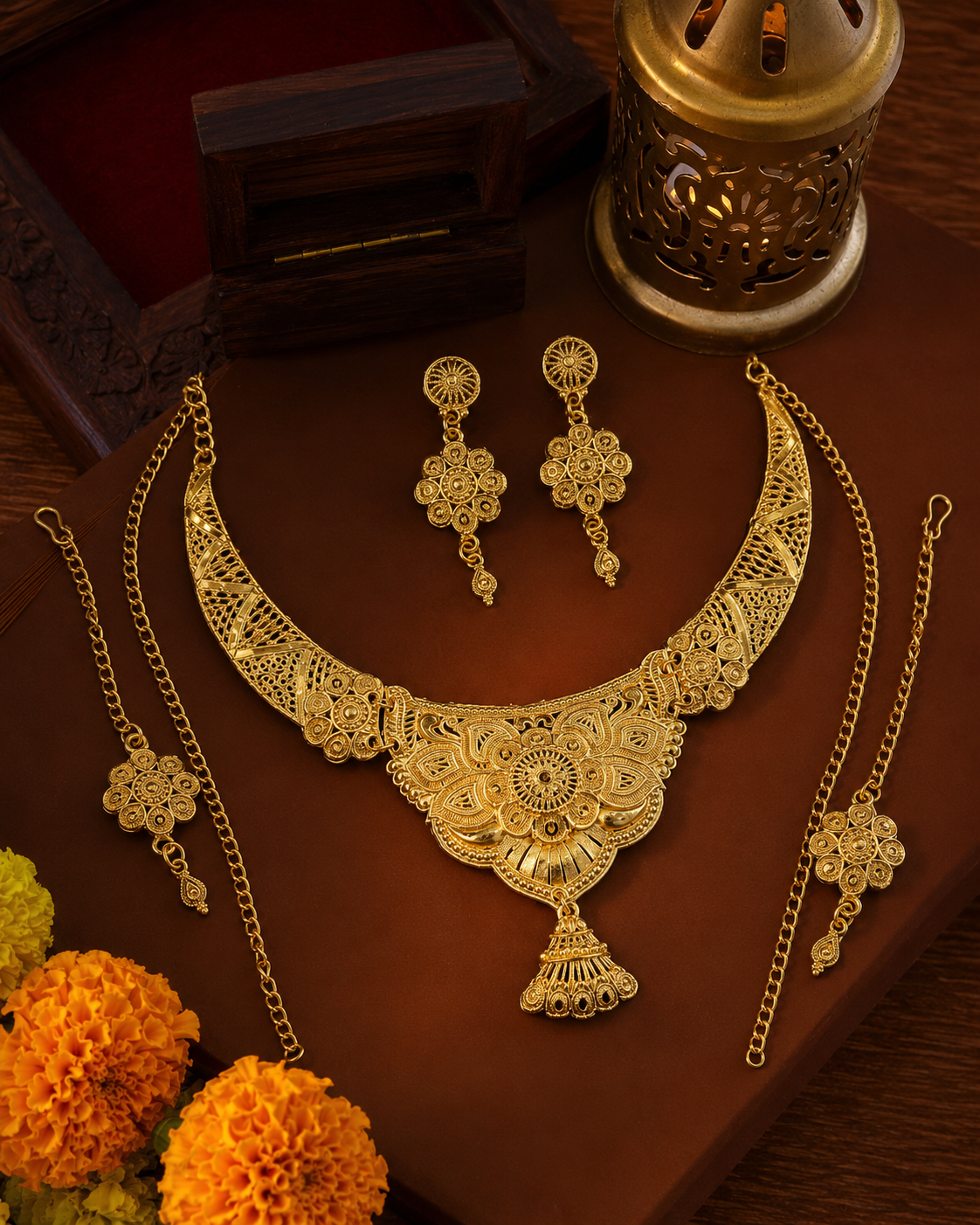 Royal Heritage Floral Bridal Indian Jewelry Set – Statement Necklace, Earrings, Bracelets & Bridal Headpiece