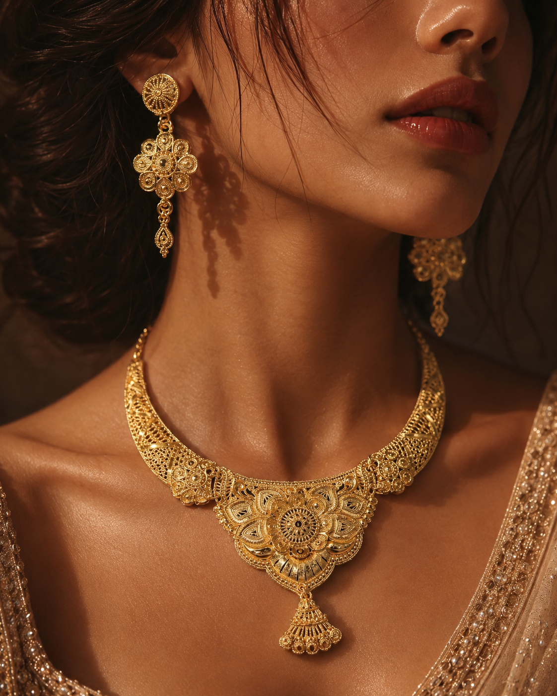 Royal Heritage Floral Bridal Indian Jewelry Set – Statement Necklace, Earrings, Bracelets & Bridal Headpiece - Image 2