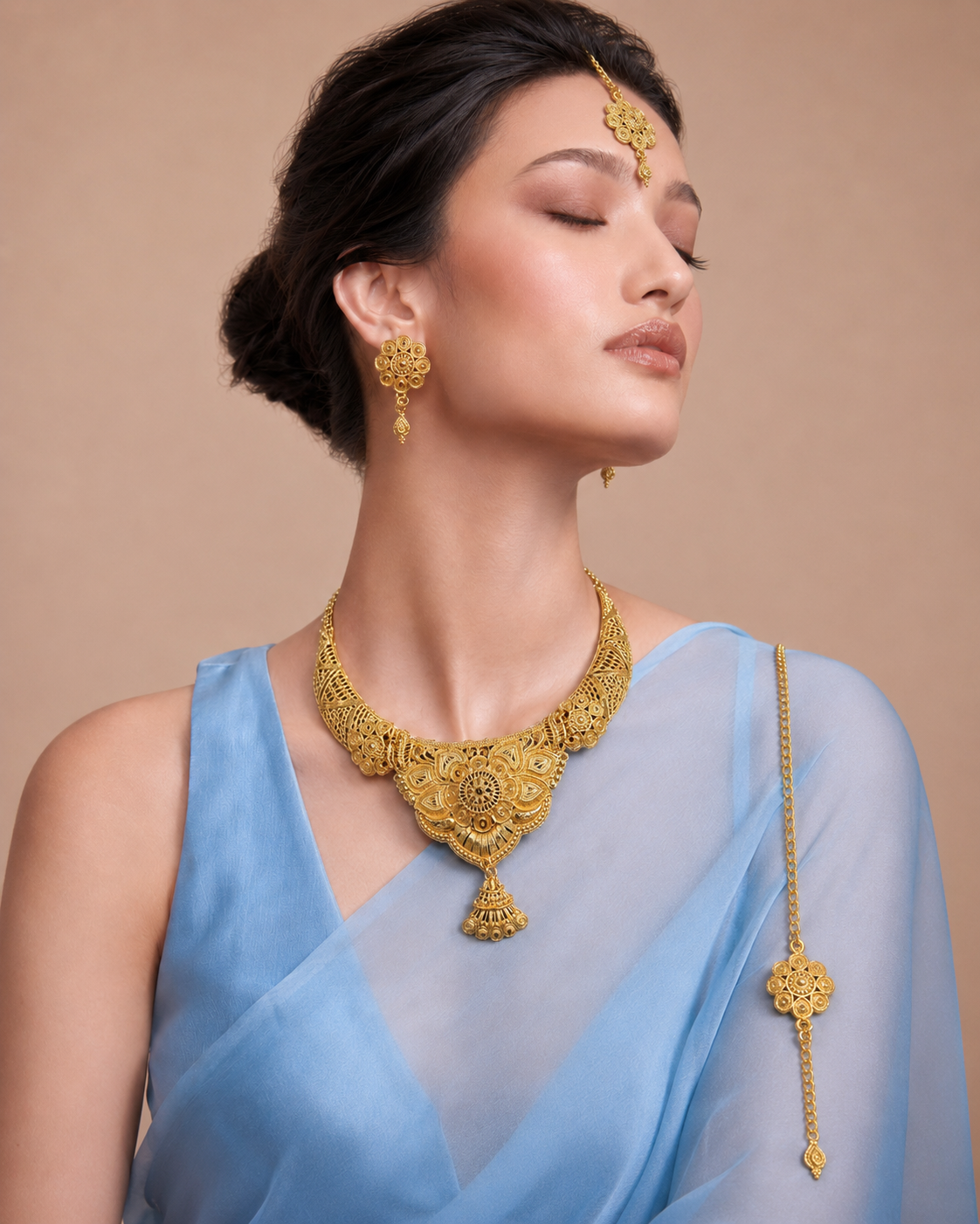 Royal Heritage Floral Bridal Indian Jewelry Set – Statement Necklace, Earrings, Bracelets & Bridal Headpiece - Image 3