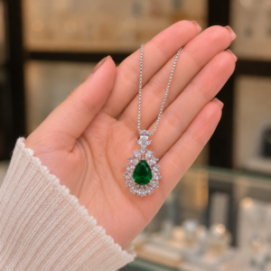 Emerald green Teardrop Halo Pendant Necklace Silver Plated for Women