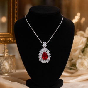 Ruby Red Teardrop Crystal Halo Pendant Necklace for Women