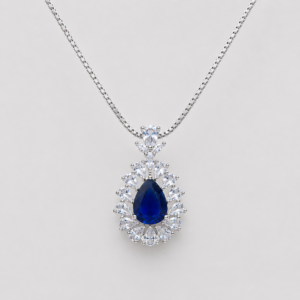 Luxury Silver-Tone Royal Blue Teardrop Halo Pendant Necklace for Women