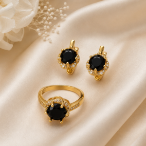 Elegant Black Crystal Ring & Earrings Set – Premium Gold-Tone Jewelry Set for Women
