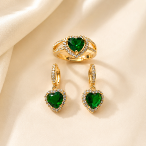 Emerald Heart Ring & Earrings Set