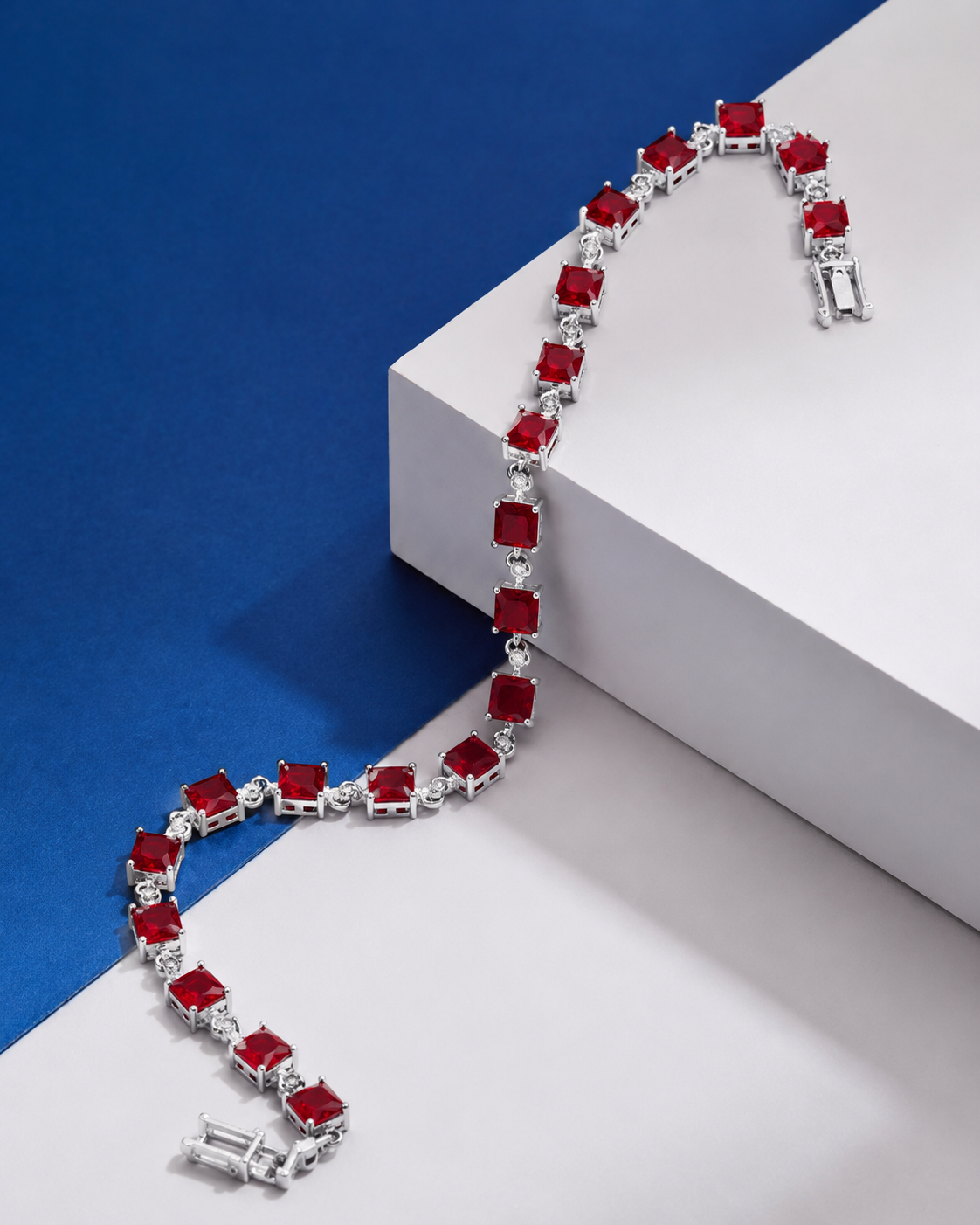 Luxury Silver-Tone Ruby Red Princess Cut Tennis Bracelet for Women - Image 2