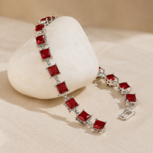 Luxury Silver-Tone Ruby Red Princess Cut Tennis Bracelet for Women