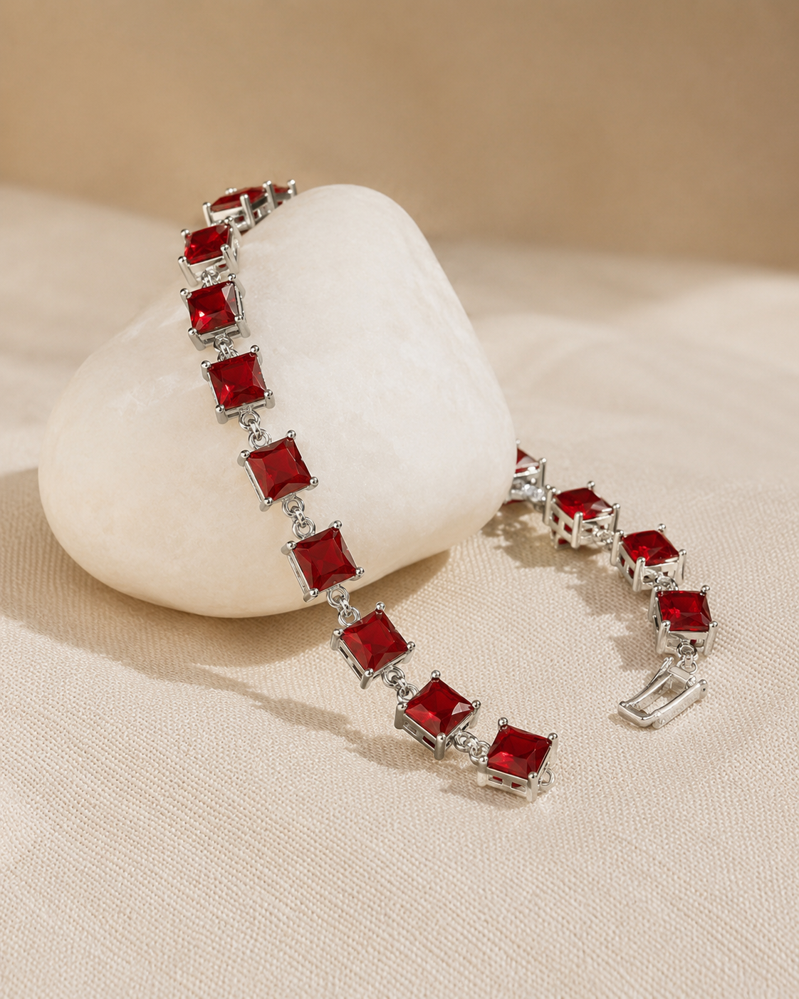 Luxury Silver-Tone Ruby Red Princess Cut Tennis Bracelet for Women