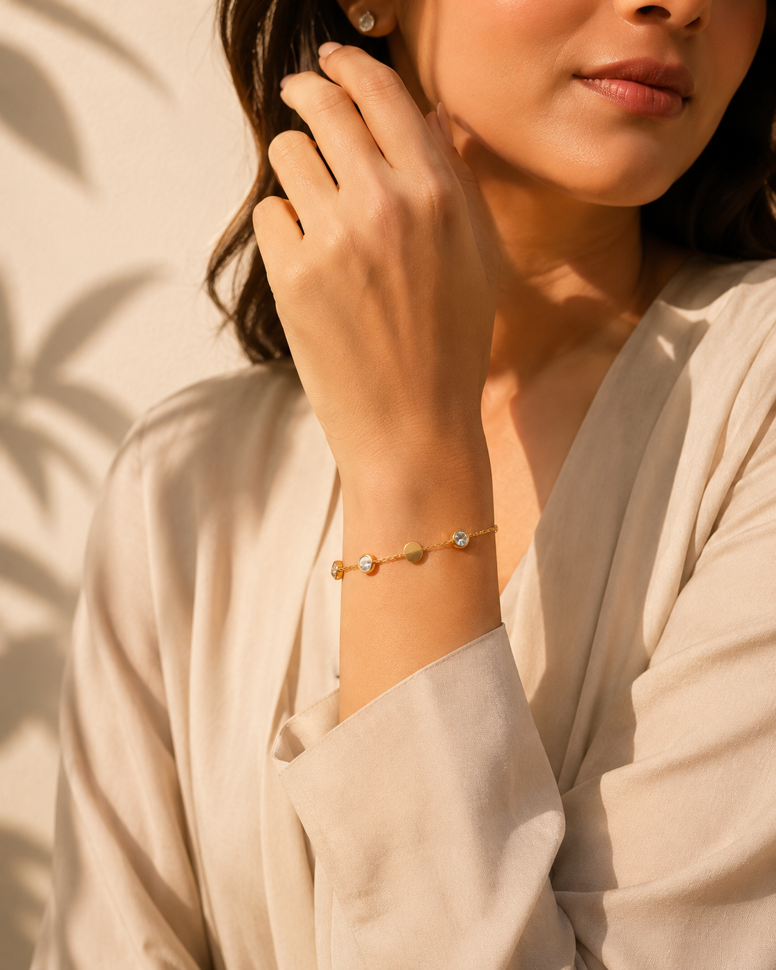Luxury Gold-Tone Bezel Crystal & Disc Chain Bracelet for Women - Image 2