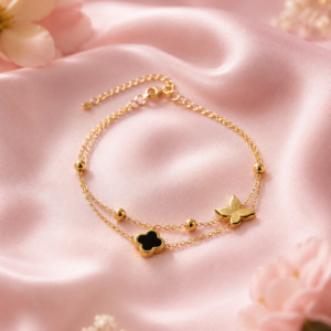 Luxury Gold-Tone Double Layer Butterfly & Black Clover Bracelet for Women
