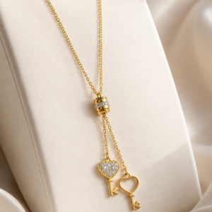 Pure Stainless Steel Double Heart Key Pendant Necklace for Women