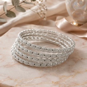 Elegant Silver-Tone Beaded Bangle Set for Women (Set of 4)