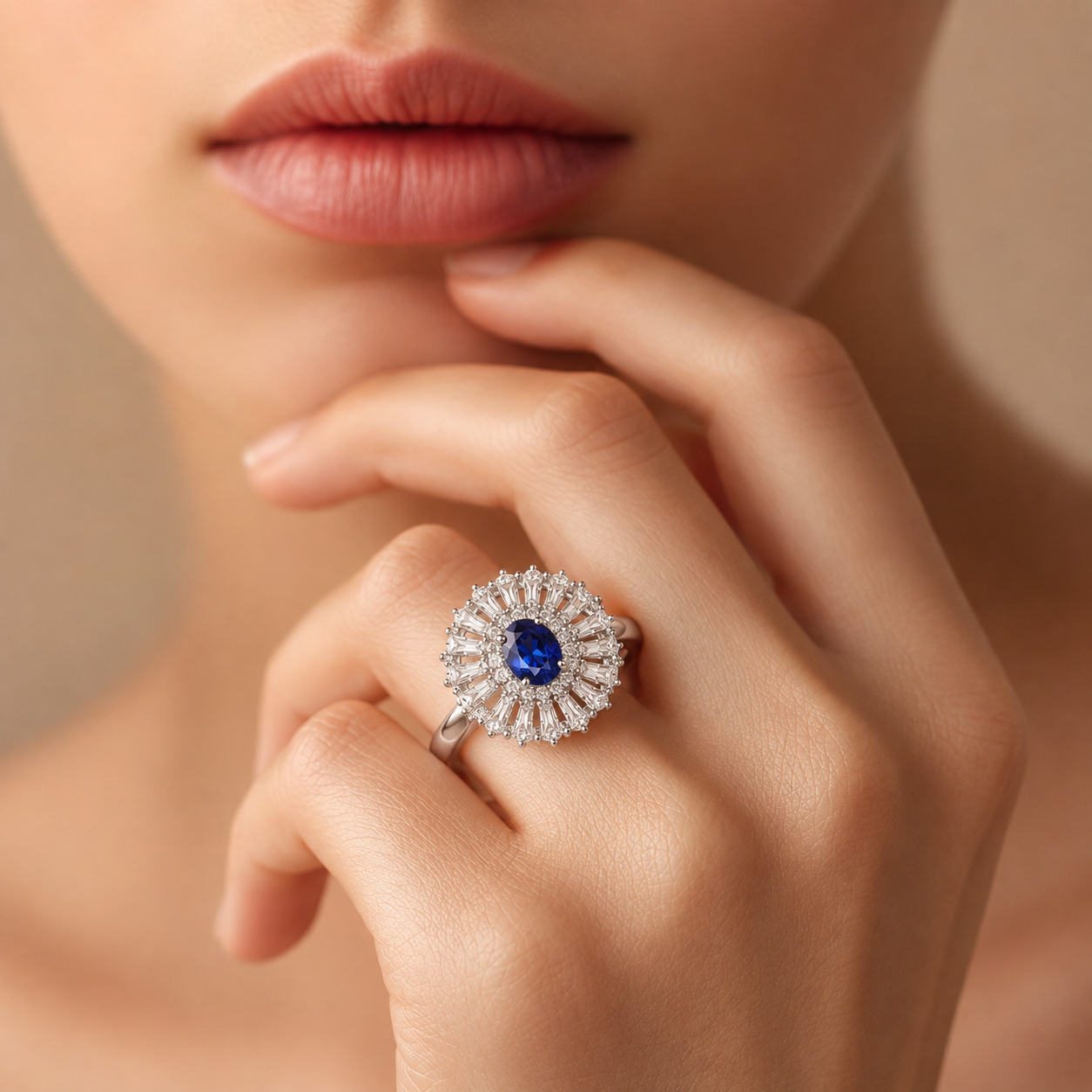Silver-Tone Blue Crystal Sunburst Ring - Image 2