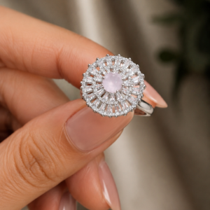 Silver-Tone Pink Crystal Sunburst Ring