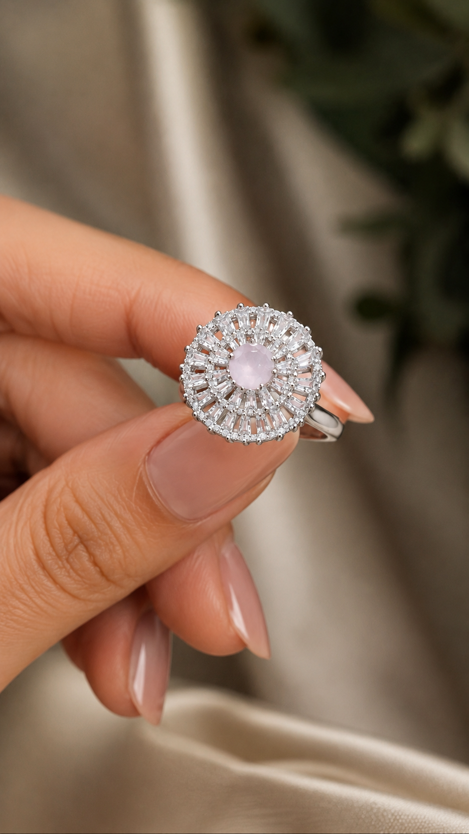 Silver-Tone Pink Crystal Sunburst Ring