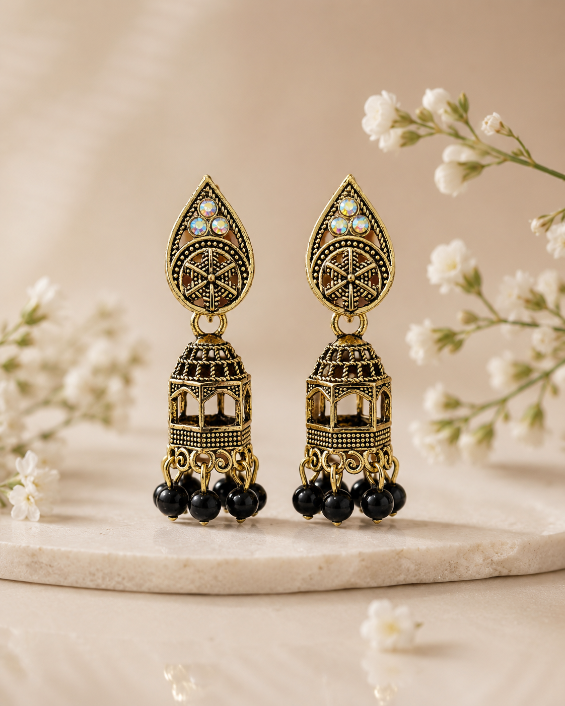 Indian Antique Jhumka Earrings with Black Beads - Image 2