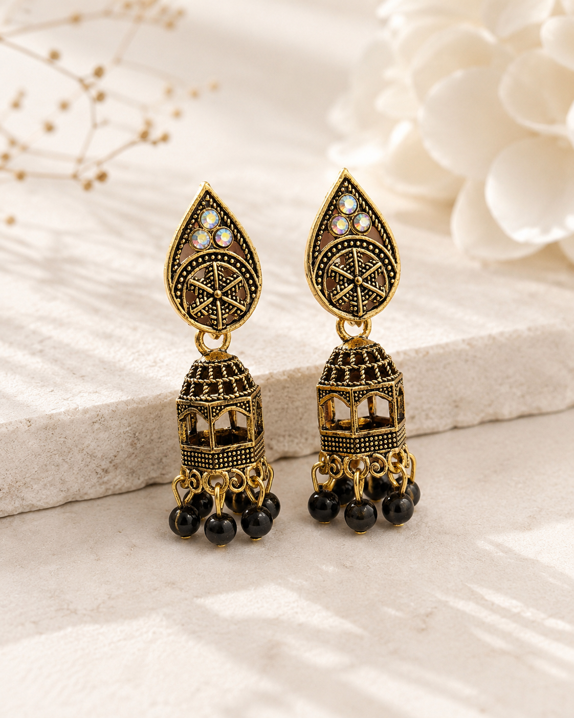 Indian Antique Jhumka Earrings with Black Beads