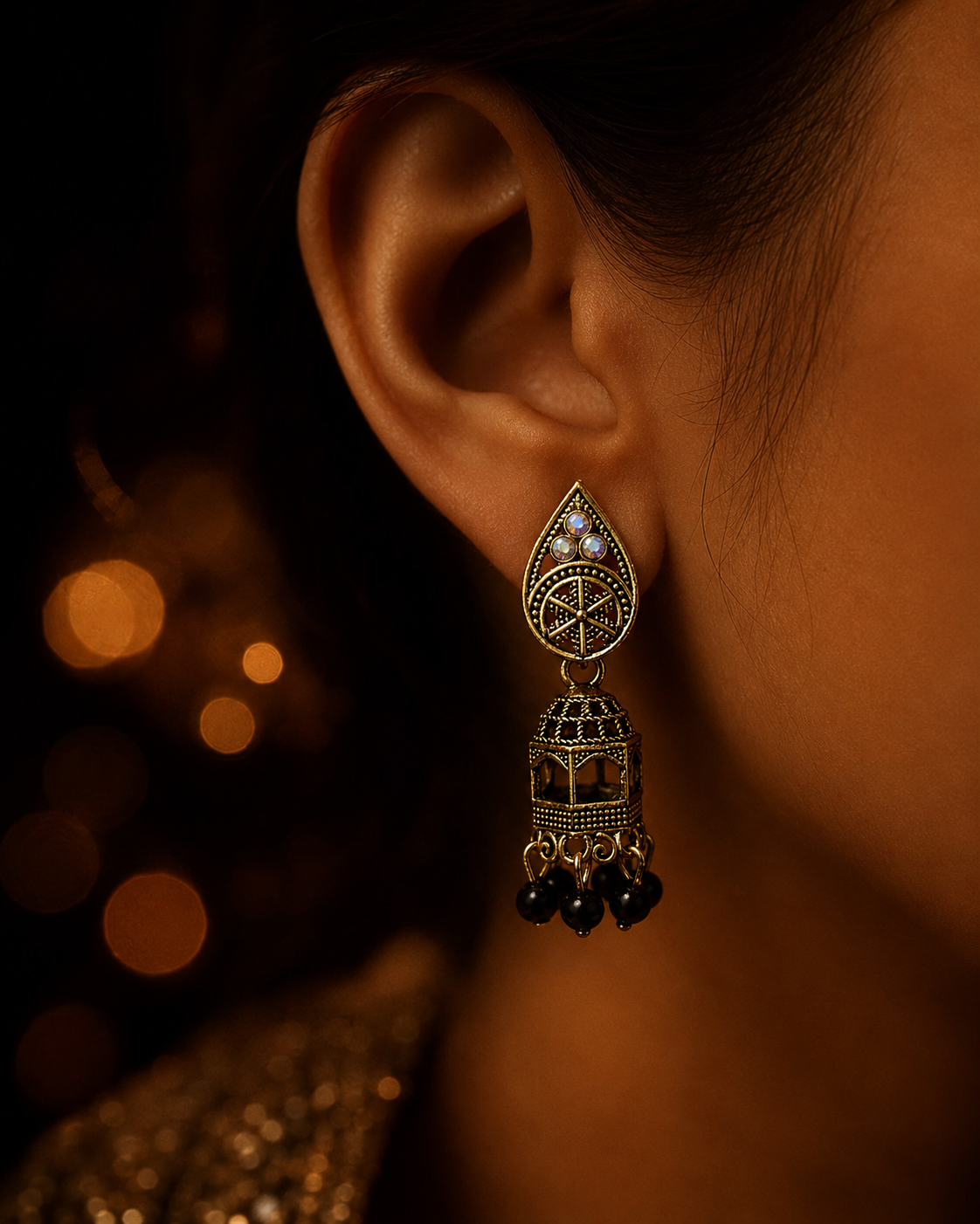 Indian Antique Jhumka Earrings with Black Beads - Image 3