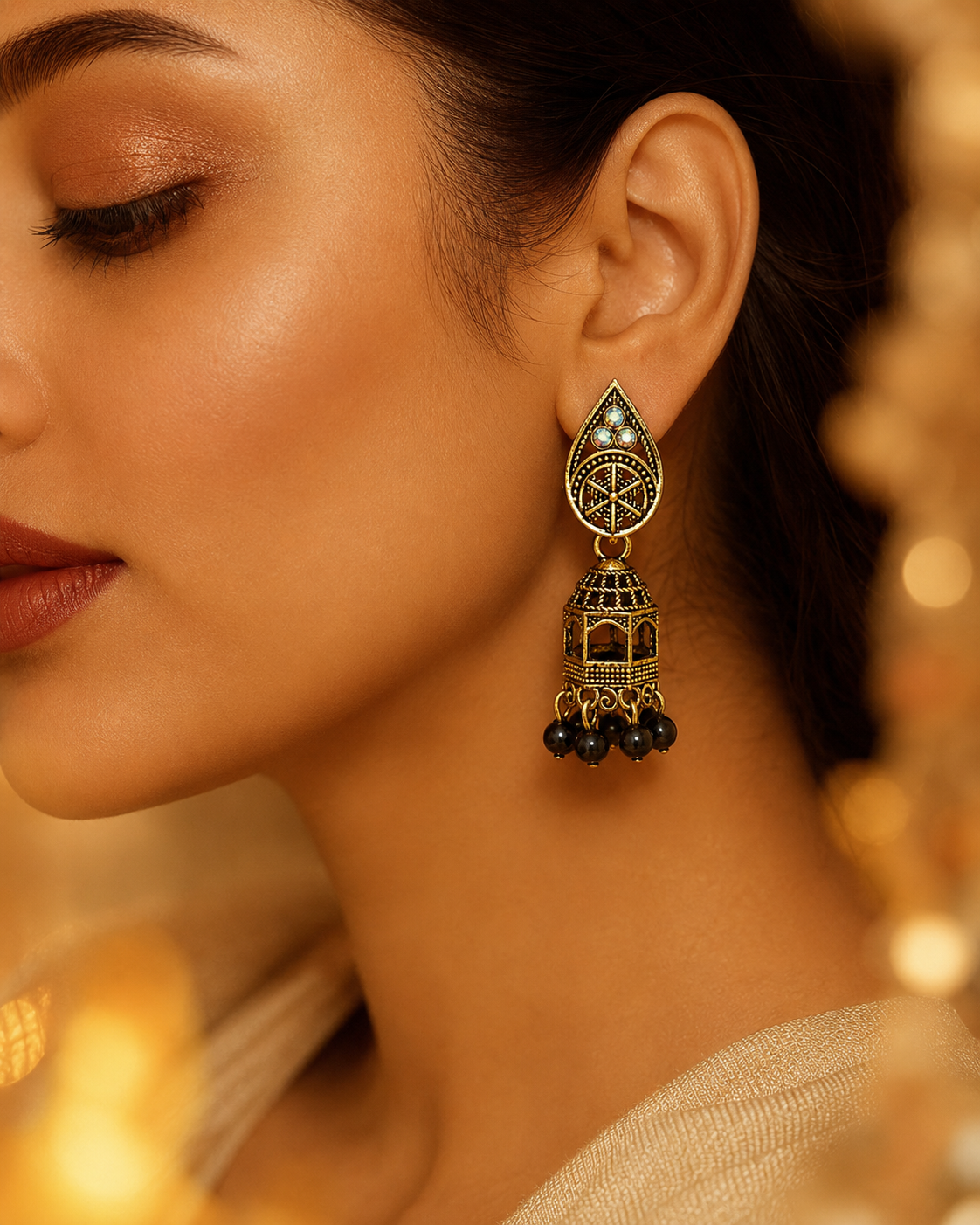 Indian Antique Jhumka Earrings with Black Beads - Image 4
