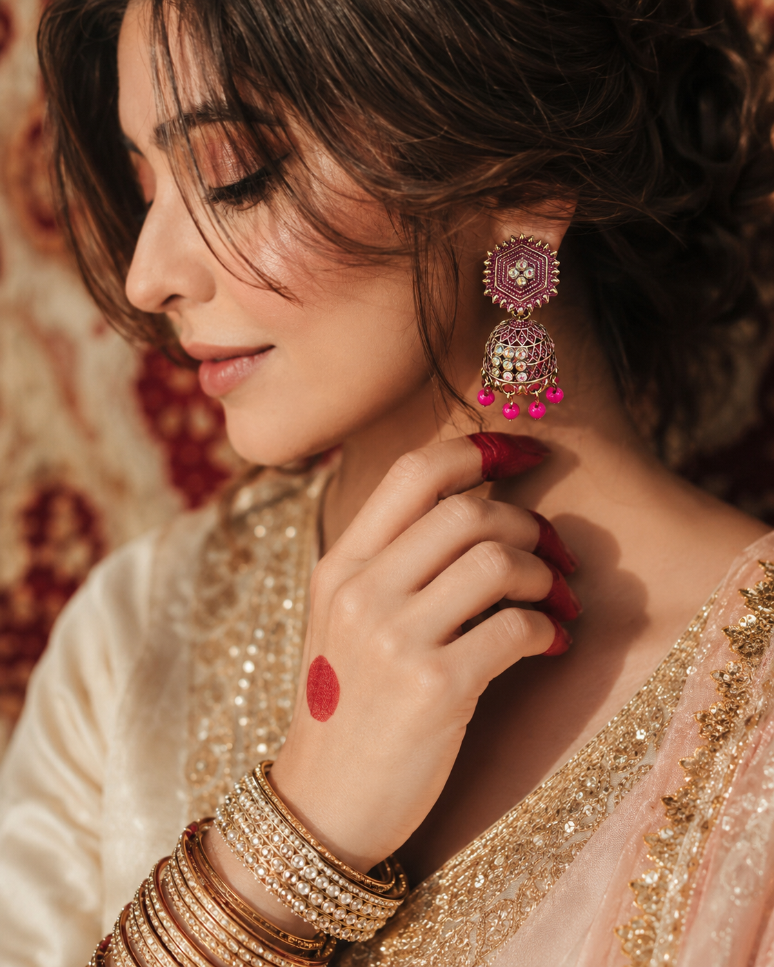 Royal Pink Indian Jhumka Earrings - Image 2