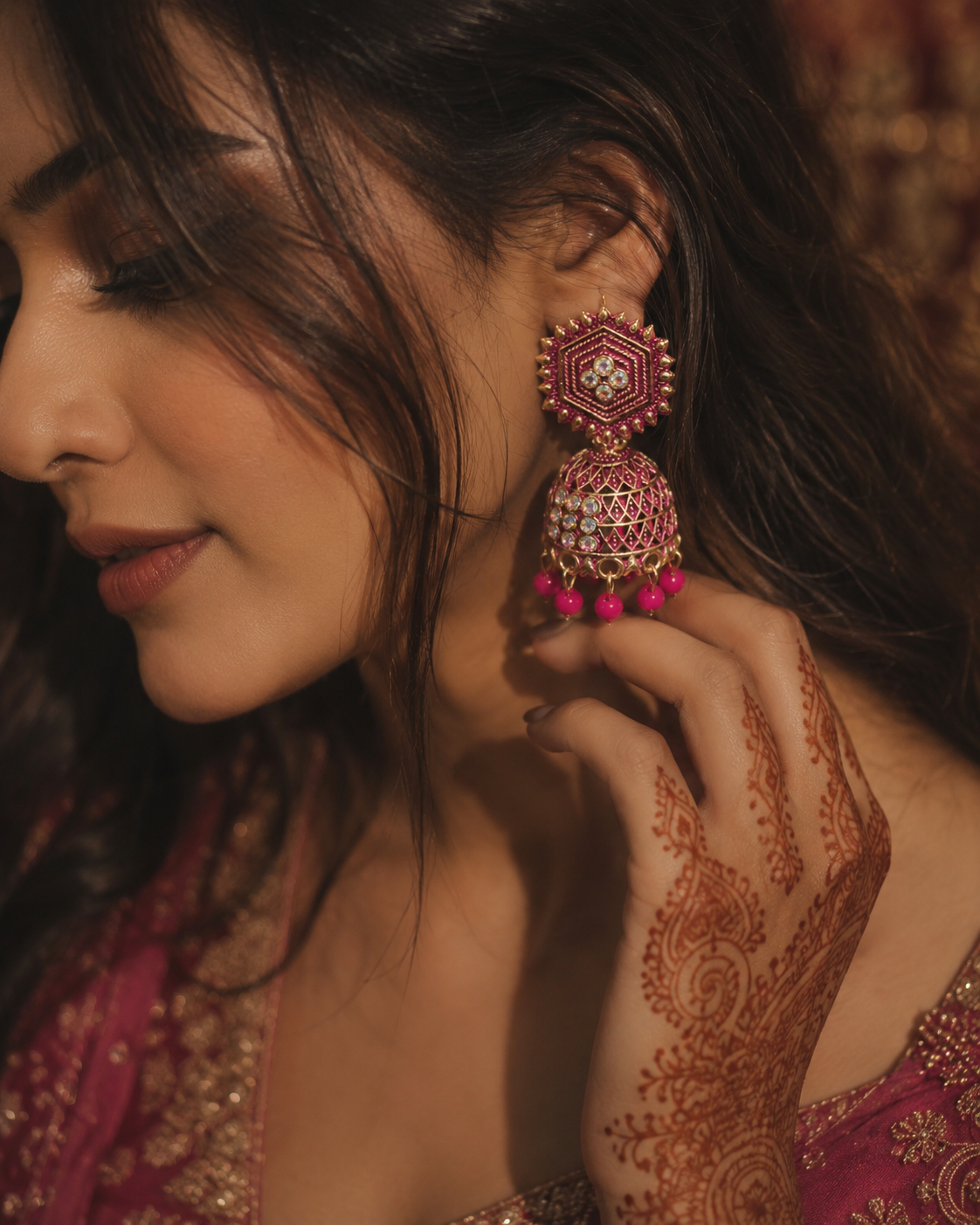 Royal Pink Indian Jhumka Earrings - Image 3