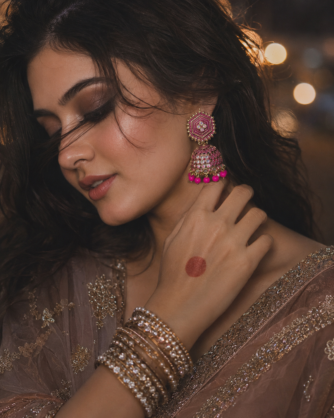 Royal Pink Indian Jhumka Earrings - Image 4
