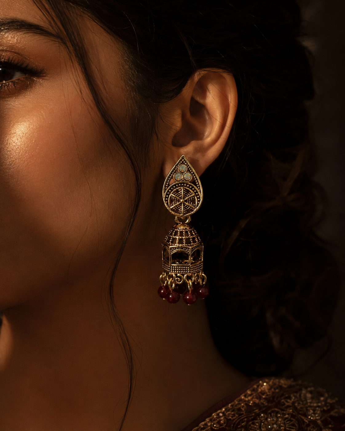 Antique Gold Jhumka Indian Earrings - Image 2