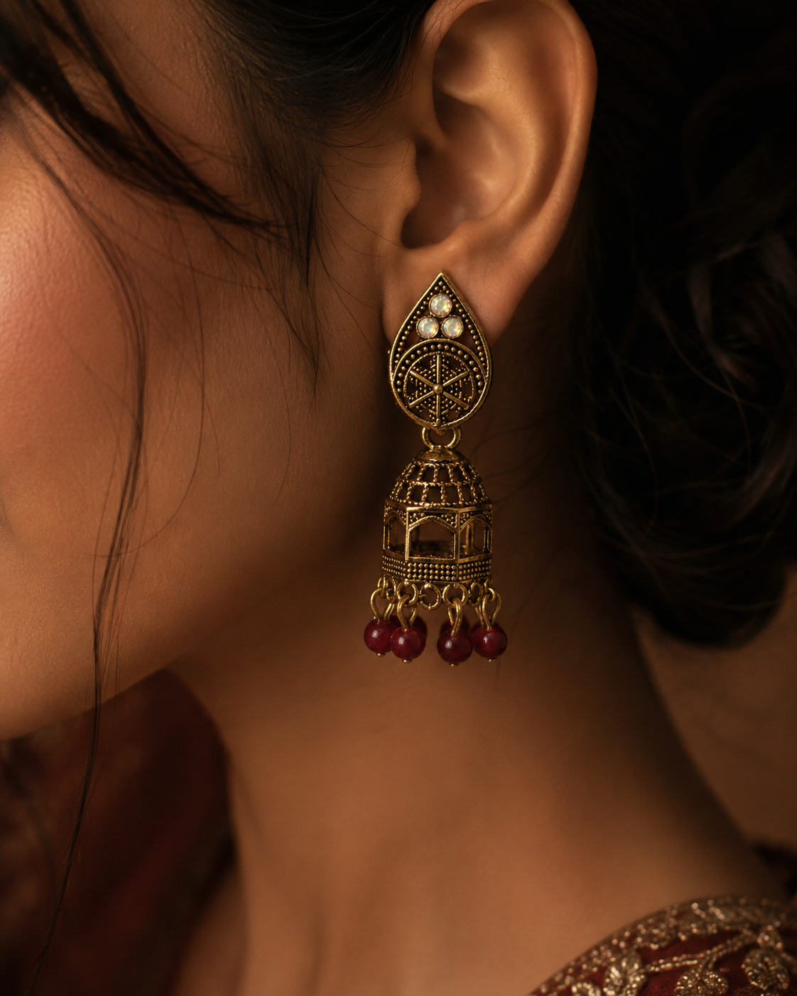 Antique Gold Jhumka Indian Earrings - Image 3