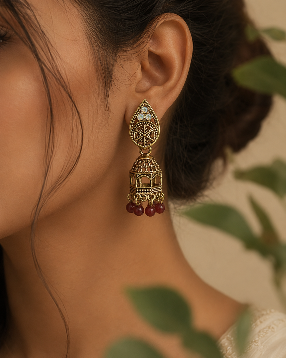 Antique Gold Jhumka Indian Earrings - Image 4