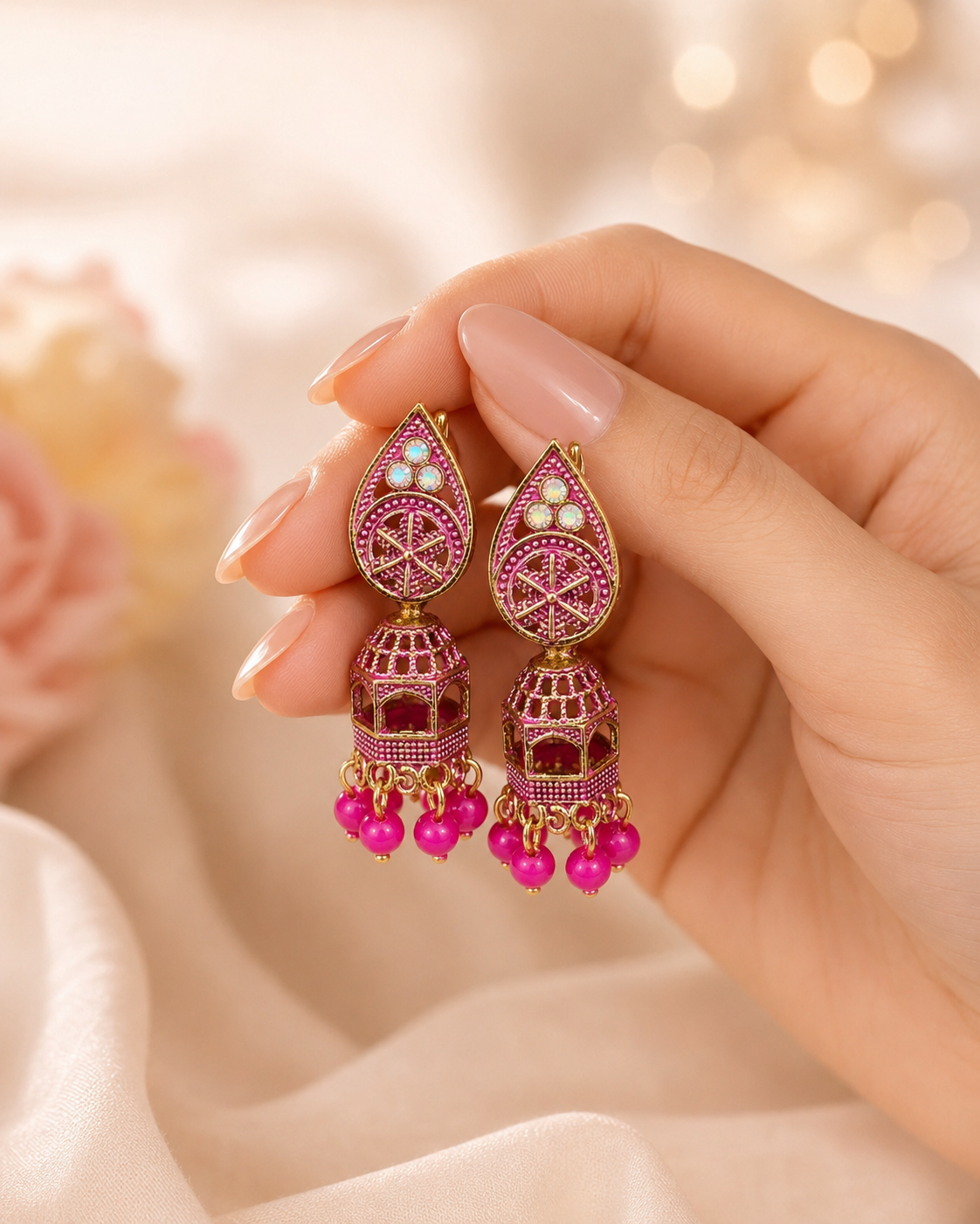 Royal Pink Indian Jhumka Earrings - Image 3