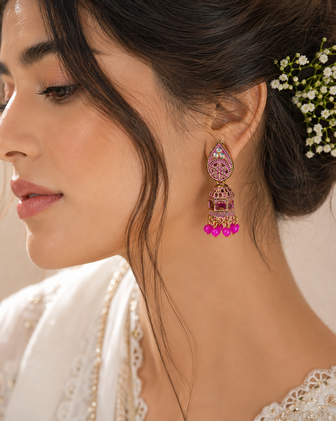 Royal Pink Indian Jhumka Earrings - Image 4