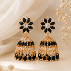 Black Crystal Floral Jhumka Earrings