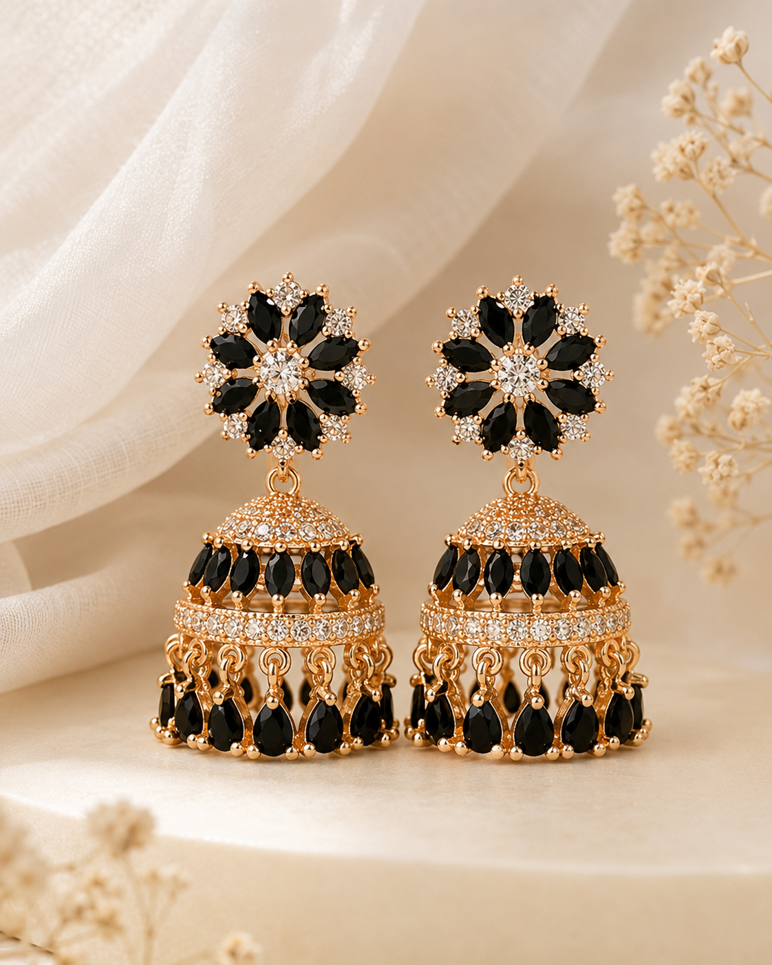 Black Crystal Floral Jhumka Earrings