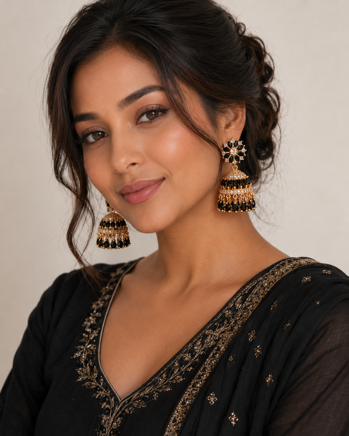 Black Crystal Floral Jhumka Earrings - Image 2