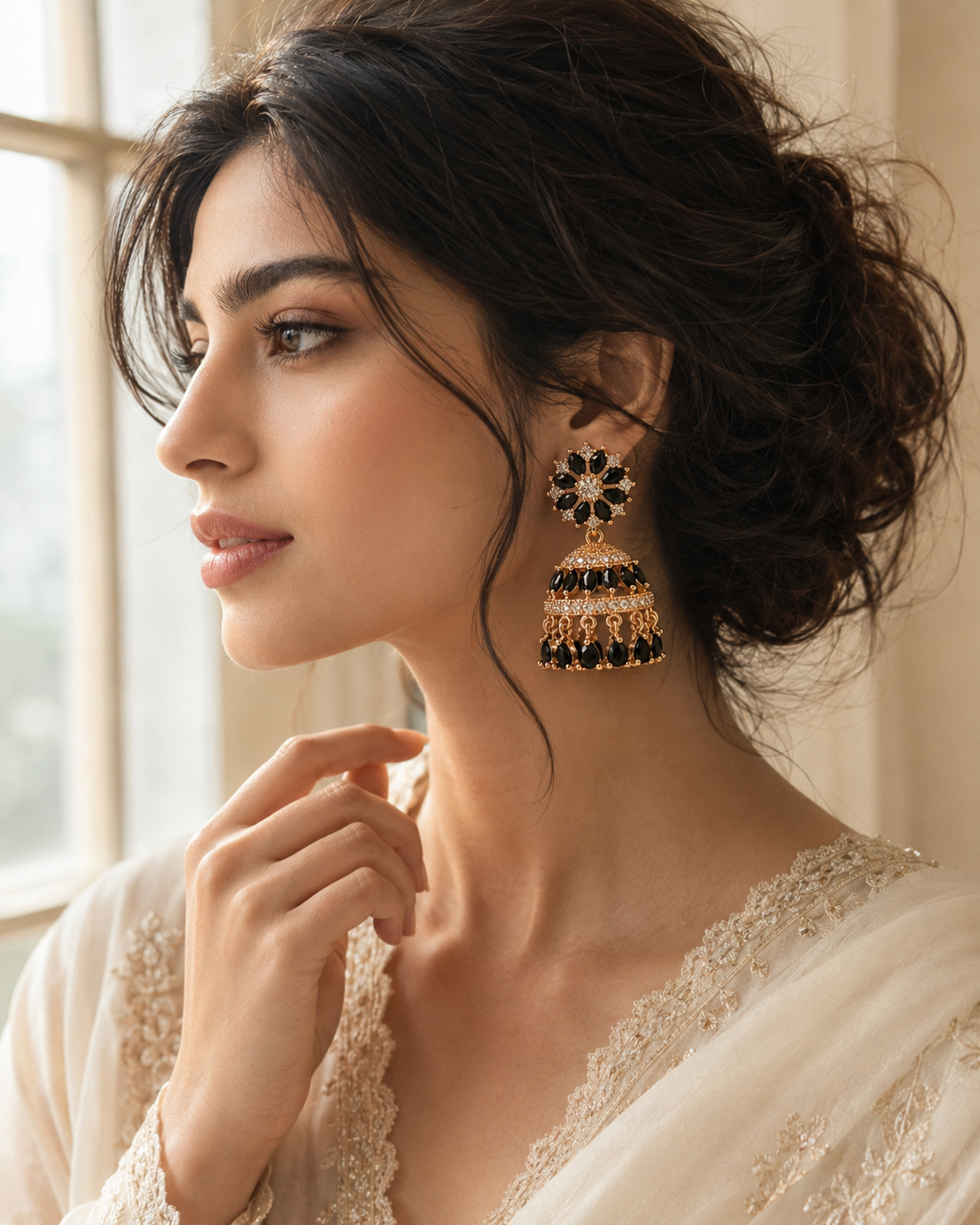 Black Crystal Floral Jhumka Earrings - Image 3