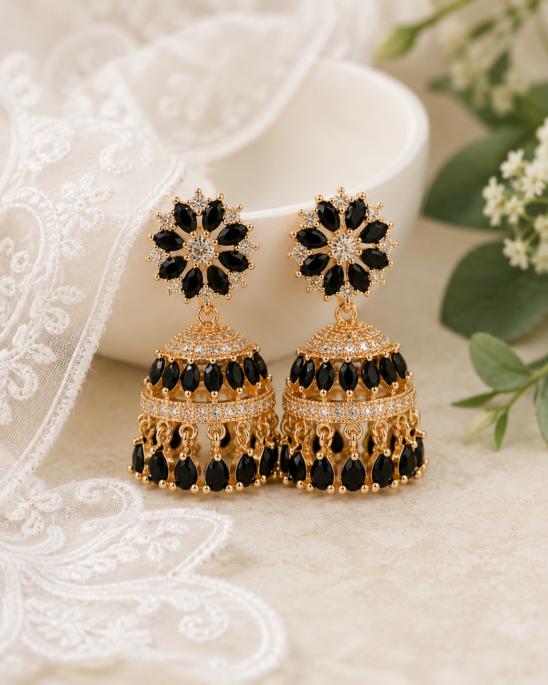 Black Crystal Floral Jhumka Earrings - Image 4