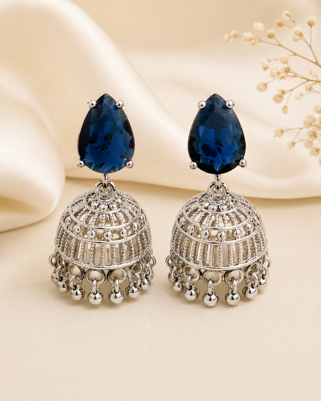 Royal Blue Crystal Jhumka Earrings - Image 2