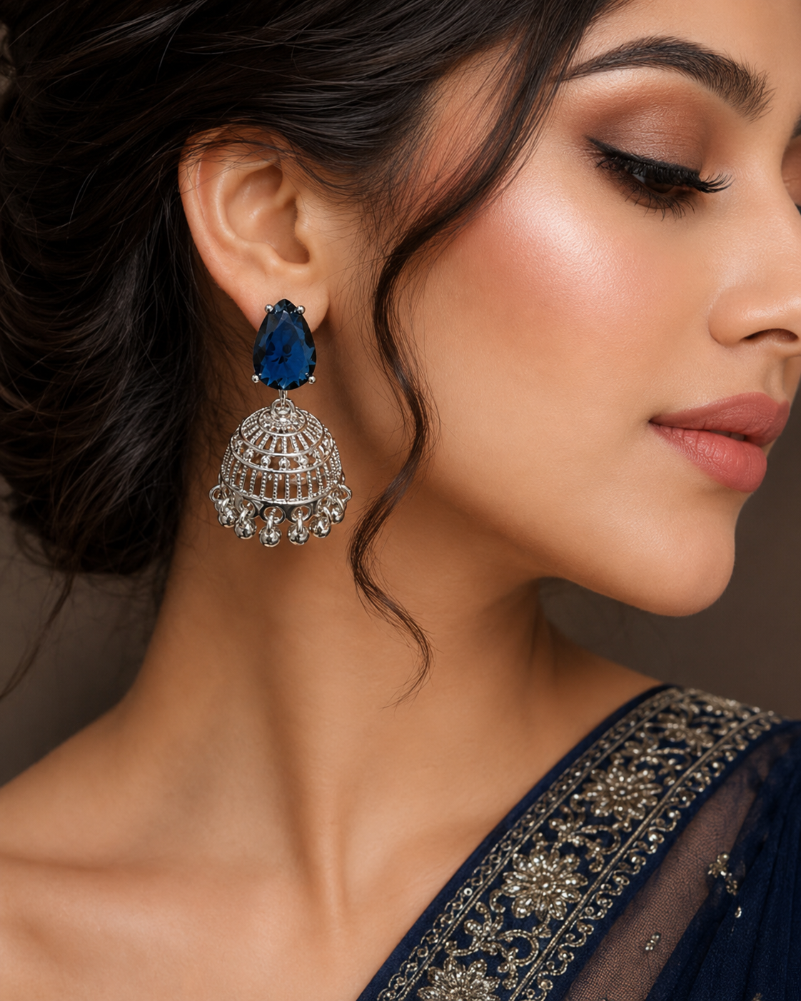Royal Blue Crystal Jhumka Earrings - Image 3