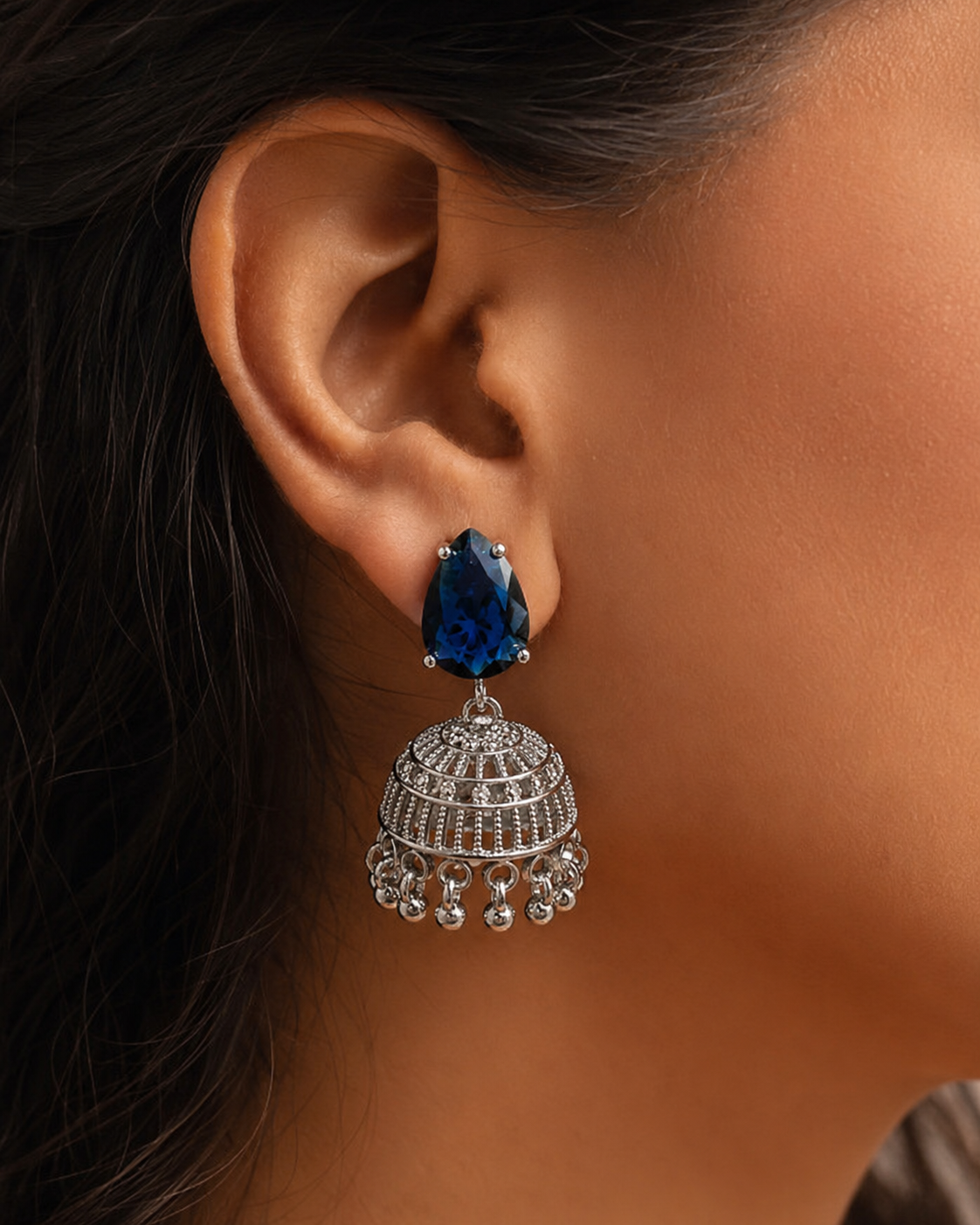 Royal Blue Crystal Jhumka Earrings - Image 4