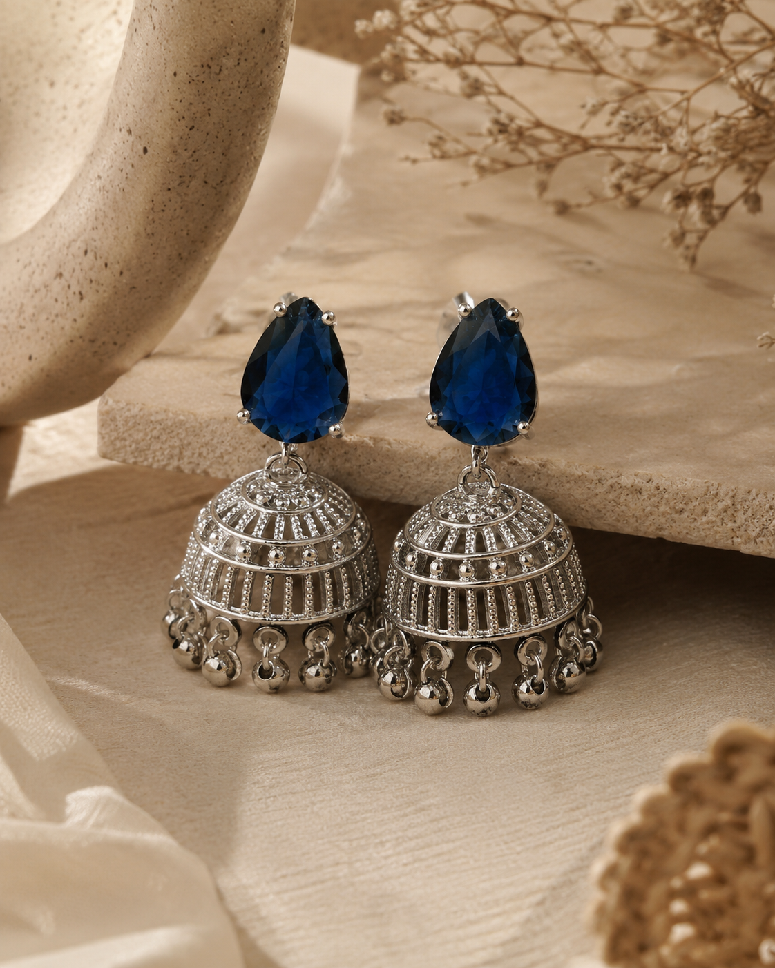 Royal Blue Crystal Jhumka Earrings