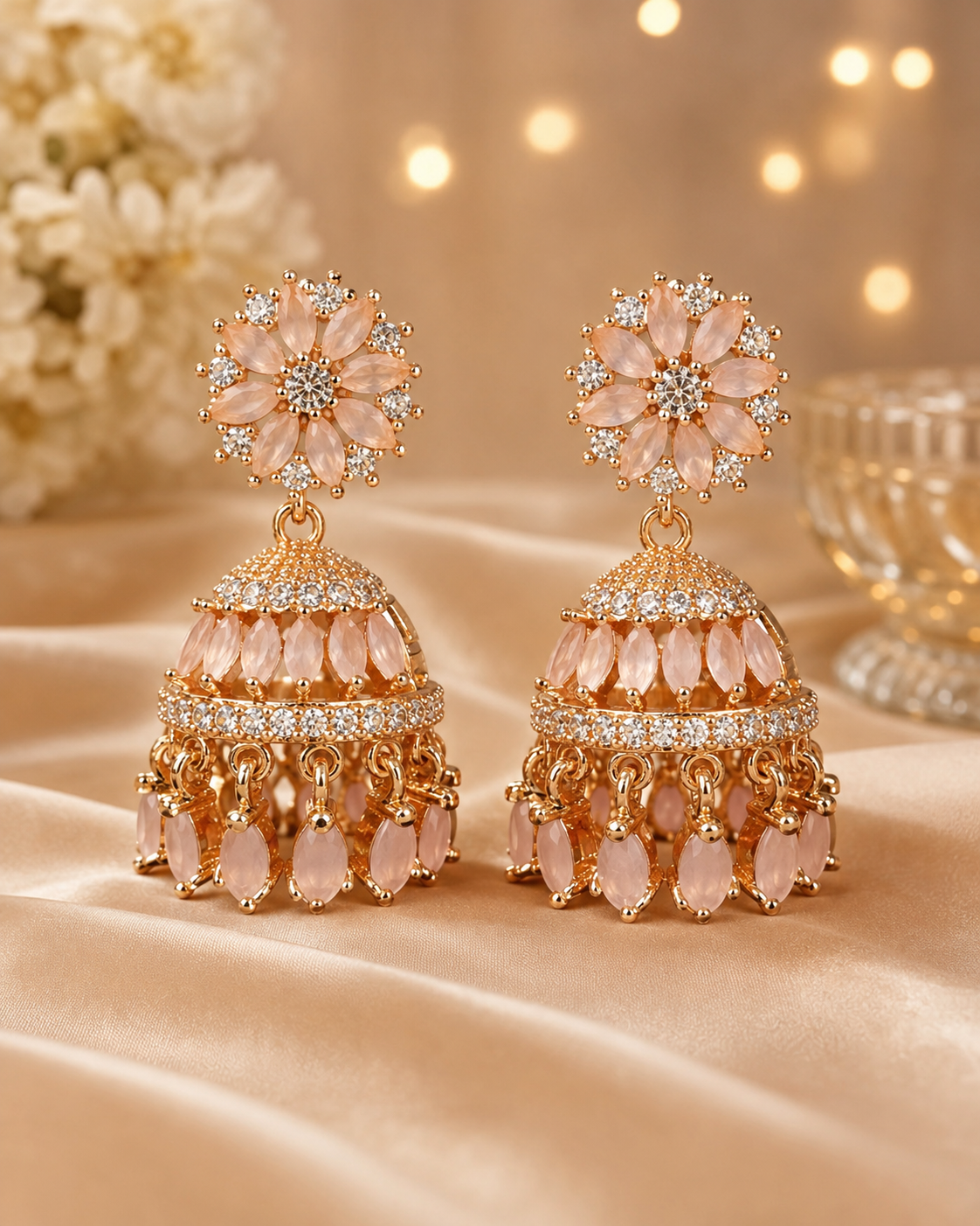 Blush Rose Crystal Jhumka Earring - Image 2