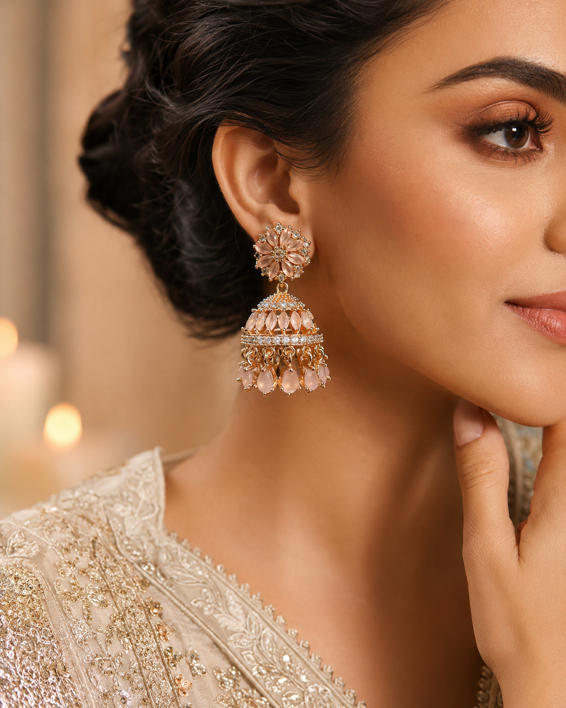 Blush Rose Crystal Jhumka Earring - Image 3